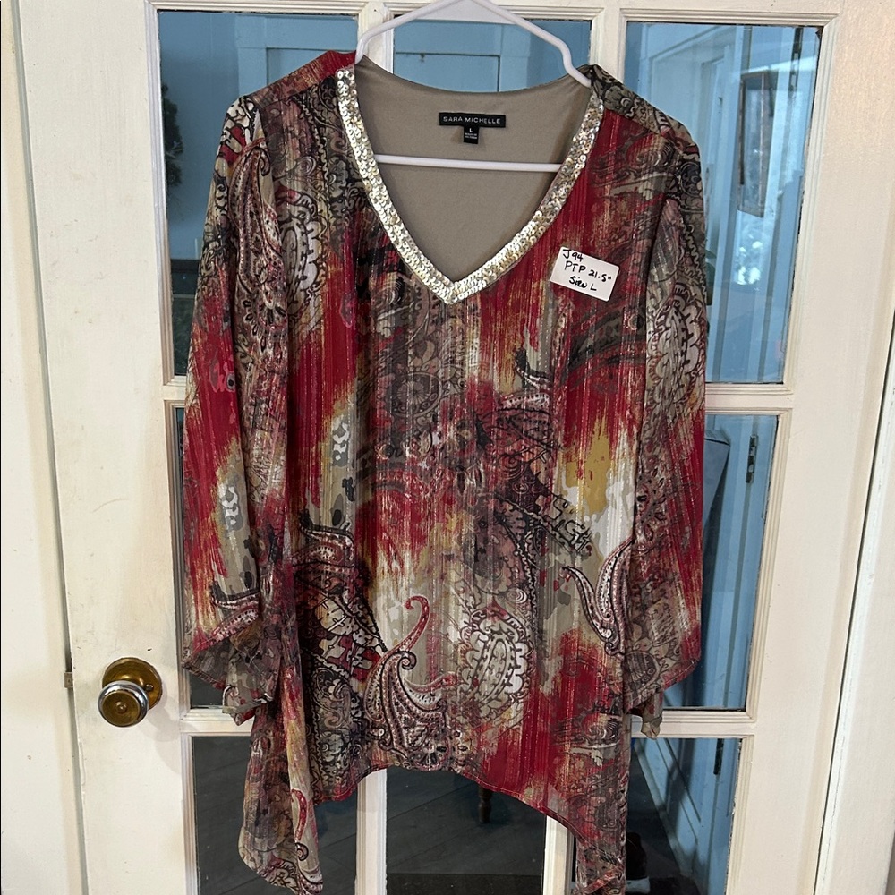 J94.    Sara Michelle Women's Red and Brown Paisley V-Neck Blouse